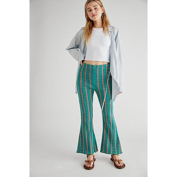 New Free People Fine Line High Rise Slim Flare Pants $78 Small Green Stretchy - Picture 3 of 6